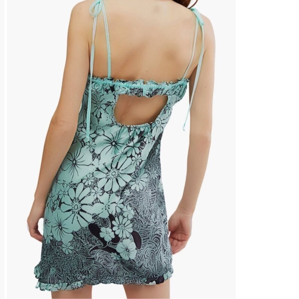 Free People Retro Daisy Asymmetrical Slip Dress Black Combo Flowered Sz L - Picture 4 of 15